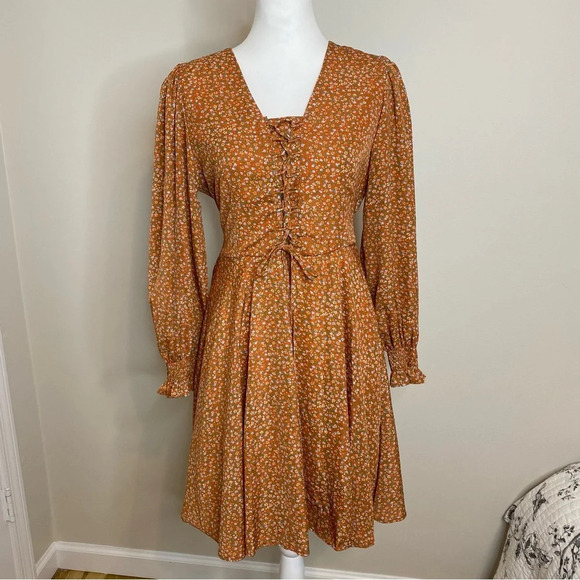NWT floral brown orange front tie up detail long sleeve midi dress Cotta… - Picture 3 of 10